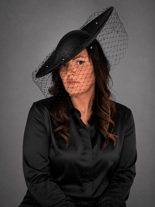 BLACK SATIN FORMAL FASCINATOR WITH RHINESTONE VEIL ON HEADBAND - The Hat Hive