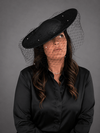 BLACK SATIN FORMAL FASCINATOR WITH RHINESTONE VEIL ON HEADBAND - The Hat Hive