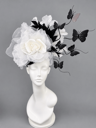 BLACK TIE AFFAIR - WHITE ROSE WITH BLACK BUTTERFLIES FASCINATOR - The Hat Hive