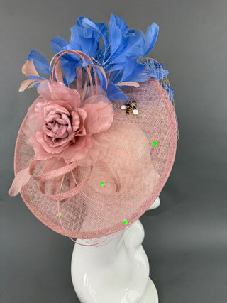 BLUSH PINK AND COUNTRY BLUE FASCINATOR - The Hat Hive