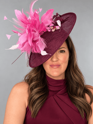 BURGUNDY MERLOT PINK FEATHER SPRAY FASCINATOR HAT - The Hat Hive