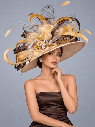 “CAMEL TOBACCO” NUDE WIDE BRIM KENTUCKY DERBY HAT WITH PHEASANT FEATHERS - The Hat Hive