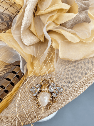 “CAMEL TOBACCO” NUDE WIDE BRIM KENTUCKY DERBY HAT WITH PHEASANT FEATHERS - The Hat Hive
