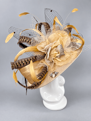 “CAMEL TOBACCO” NUDE WIDE BRIM KENTUCKY DERBY HAT WITH PHEASANT FEATHERS - The Hat Hive