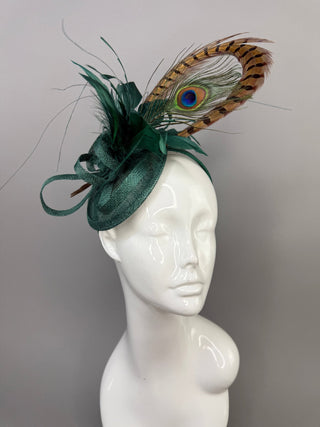 Emerald Green Fascinator with Pheasant and Peacock feather. - The Hat Hive
