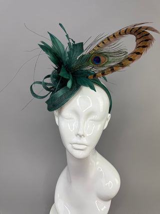 Emerald Green Fascinator with Pheasant and Peacock feather. - The Hat Hive