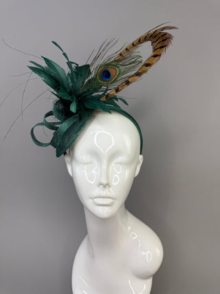 Emerald Green Fascinator with Pheasant and Peacock feather. - The Hat Hive
