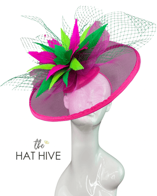 FUCHSIA AND GREEN FASCINATOR WITH NETTING - The Hat Hive