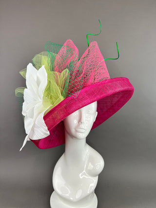 FUCHSIA PINK HAT WITH FLIPPED BRIM & LARGE WHITE FLOWER - The Hat Hive