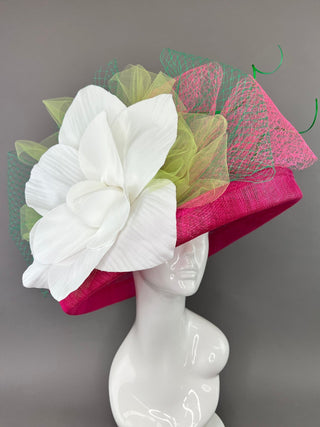 FUCHSIA PINK HAT WITH FLIPPED BRIM & LARGE WHITE FLOWER - The Hat Hive