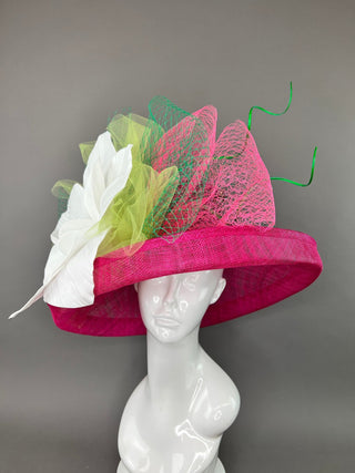 FUCHSIA PINK HAT WITH FLIPPED BRIM & LARGE WHITE FLOWER - The Hat Hive