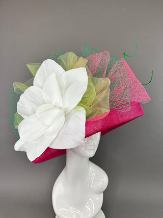 FUCHSIA PINK HAT WITH FLIPPED BRIM & LARGE WHITE FLOWER - The Hat Hive