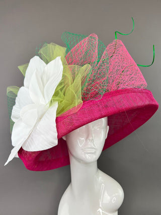 FUCHSIA PINK HAT WITH FLIPPED BRIM & LARGE WHITE FLOWER - The Hat Hive