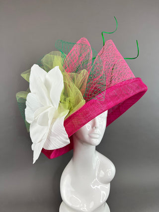 FUCHSIA PINK HAT WITH FLIPPED BRIM & LARGE WHITE FLOWER - The Hat Hive