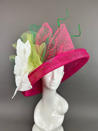 FUCHSIA PINK HAT WITH FLIPPED BRIM & LARGE WHITE FLOWER - The Hat Hive