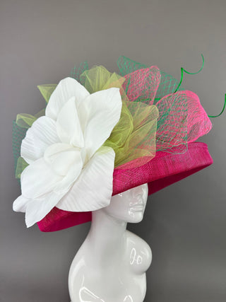 FUCHSIA PINK HAT WITH FLIPPED BRIM & LARGE WHITE FLOWER - The Hat Hive