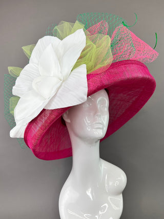 FUCHSIA PINK HAT WITH FLIPPED BRIM & LARGE WHITE FLOWER - The Hat Hive
