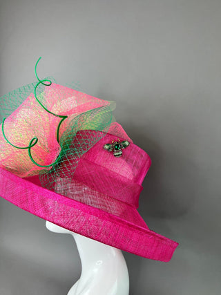 FUCHSIA PINK HAT WITH FLIPPED BRIM & LARGE WHITE FLOWER - The Hat Hive