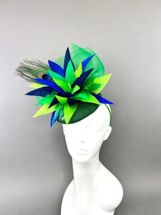 GREEN LINEN PEACOCK FASCINATOR - The Hat Hive
