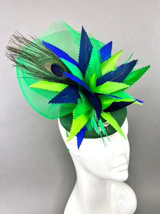 GREEN LINEN PEACOCK FASCINATOR - The Hat Hive