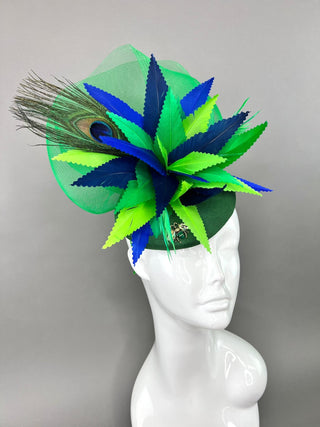 GREEN LINEN PEACOCK FASCINATOR - The Hat Hive