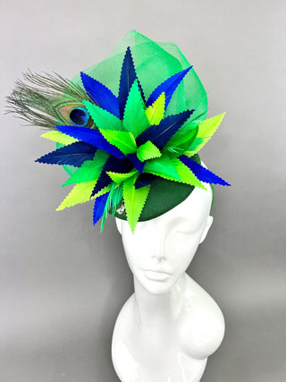 GREEN LINEN PEACOCK FASCINATOR - The Hat Hive