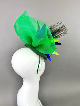 GREEN LINEN PEACOCK FASCINATOR - The Hat Hive