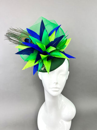 GREEN LINEN PEACOCK FASCINATOR - The Hat Hive