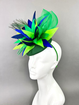 GREEN LINEN PEACOCK FASCINATOR - The Hat Hive