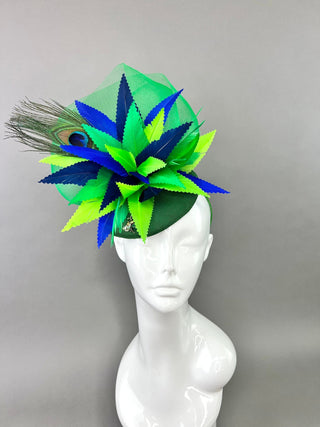 GREEN LINEN PEACOCK FASCINATOR - The Hat Hive