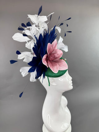 GREEN, NAVY, WHITE FASCINATOR WITH PINK BLOOM - The Hat Hive