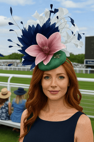 GREEN, NAVY, WHITE FASCINATOR WITH PINK BLOOM - The Hat Hive