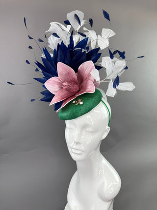 GREEN, NAVY, WHITE FASCINATOR WITH PINK BLOOM - The Hat Hive