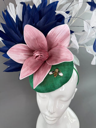 GREEN, NAVY, WHITE FASCINATOR WITH PINK BLOOM - The Hat Hive