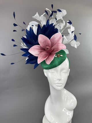 GREEN, NAVY, WHITE FASCINATOR WITH PINK BLOOM - The Hat Hive