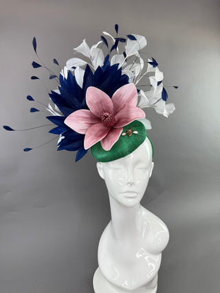 GREEN, NAVY, WHITE FASCINATOR WITH PINK BLOOM - The Hat Hive
