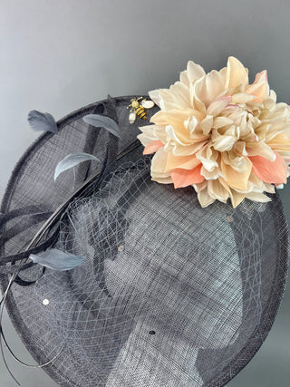 GREY HATINATOR WITH CREAM AND PEACH BLOOMS - The Hat Hive