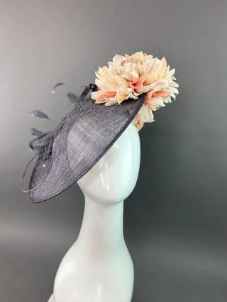 GREY HATINATOR WITH CREAM AND PEACH BLOOMS - The Hat Hive