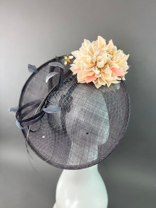 GREY HATINATOR WITH CREAM AND PEACH BLOOMS - The Hat Hive