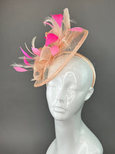 Load image into Gallery viewer, Shades of Pink Fascinator on headband, British Hat, Women’s Church Hat, Derby Hat, Fancy Hat, Pink Hat, Tea Party Hat, wedding hat