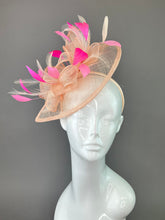 Load image into Gallery viewer, Shades of Pink Fascinator on headband, British Hat, Women’s Church Hat, Derby Hat, Fancy Hat, Pink Hat, Tea Party Hat, wedding hat