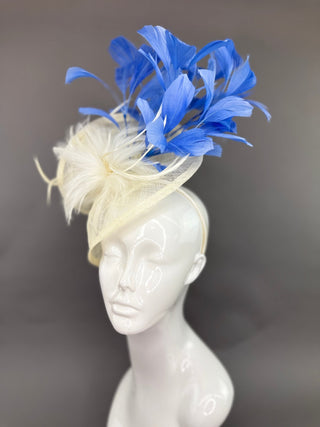 IVORY FASCINATOR WITH COUNTRY BLUE FEATHERS - The Hat Hive