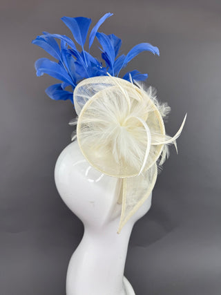IVORY FASCINATOR WITH COUNTRY BLUE FEATHERS - The Hat Hive