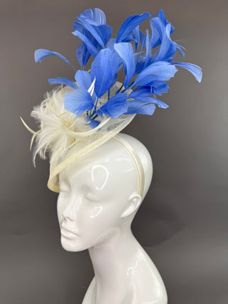 IVORY FASCINATOR WITH COUNTRY BLUE FEATHERS - The Hat Hive