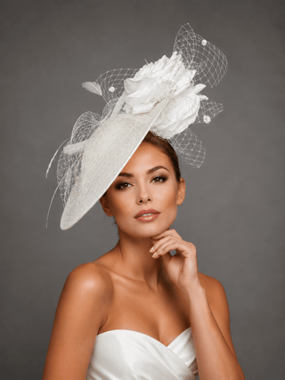 LIGHT IVORY WHITE ROSE BRIDAL FASCINATOR HAT WITH VEIL - The Hat Hive