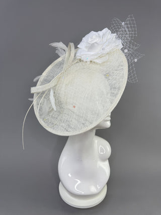 LIGHT IVORY WHITE ROSE BRIDAL FASCINATOR HAT WITH VEIL - The Hat Hive