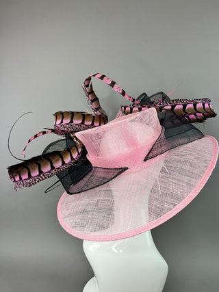 LIGHT PINK HAT WITH BLACK BOW AND PINK FEATHERS - The Hat Hive