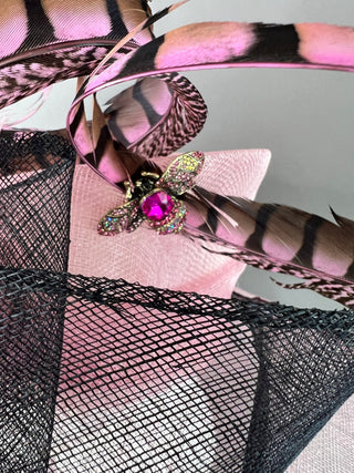 LIGHT PINK HAT WITH BLACK BOW AND PINK FEATHERS - The Hat Hive