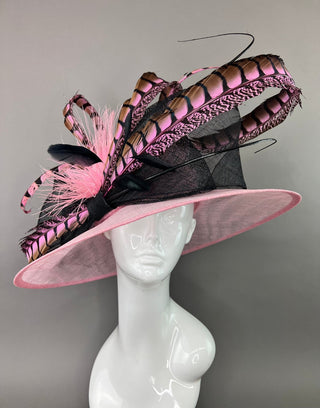 LIGHT PINK HAT WITH BLACK BOW AND PINK FEATHERS - The Hat Hive