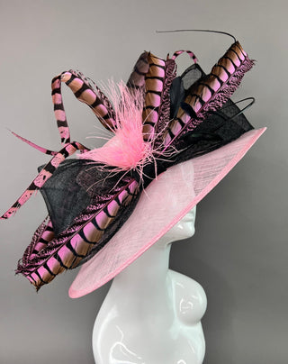 LIGHT PINK HAT WITH BLACK BOW AND PINK FEATHERS - The Hat Hive
